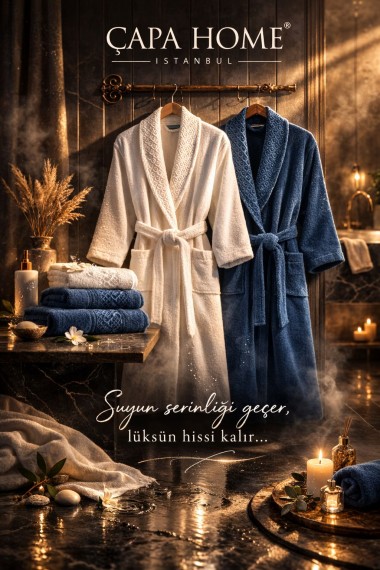 İlay Kadife Bornoz Seti -Indigo_Beyaz